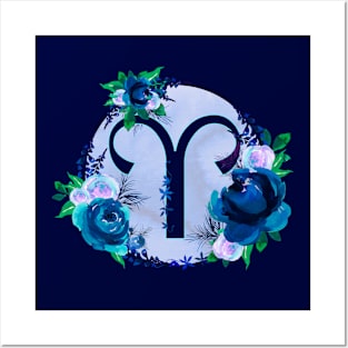 Aries Zodiac Horoscope Blue Floral Monogram Posters and Art